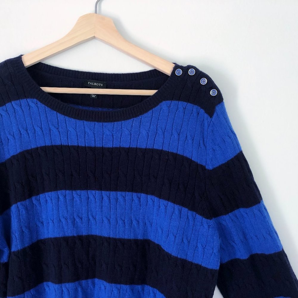 Talbots Blue Striped Lambs Wool Cable Knit Sweater